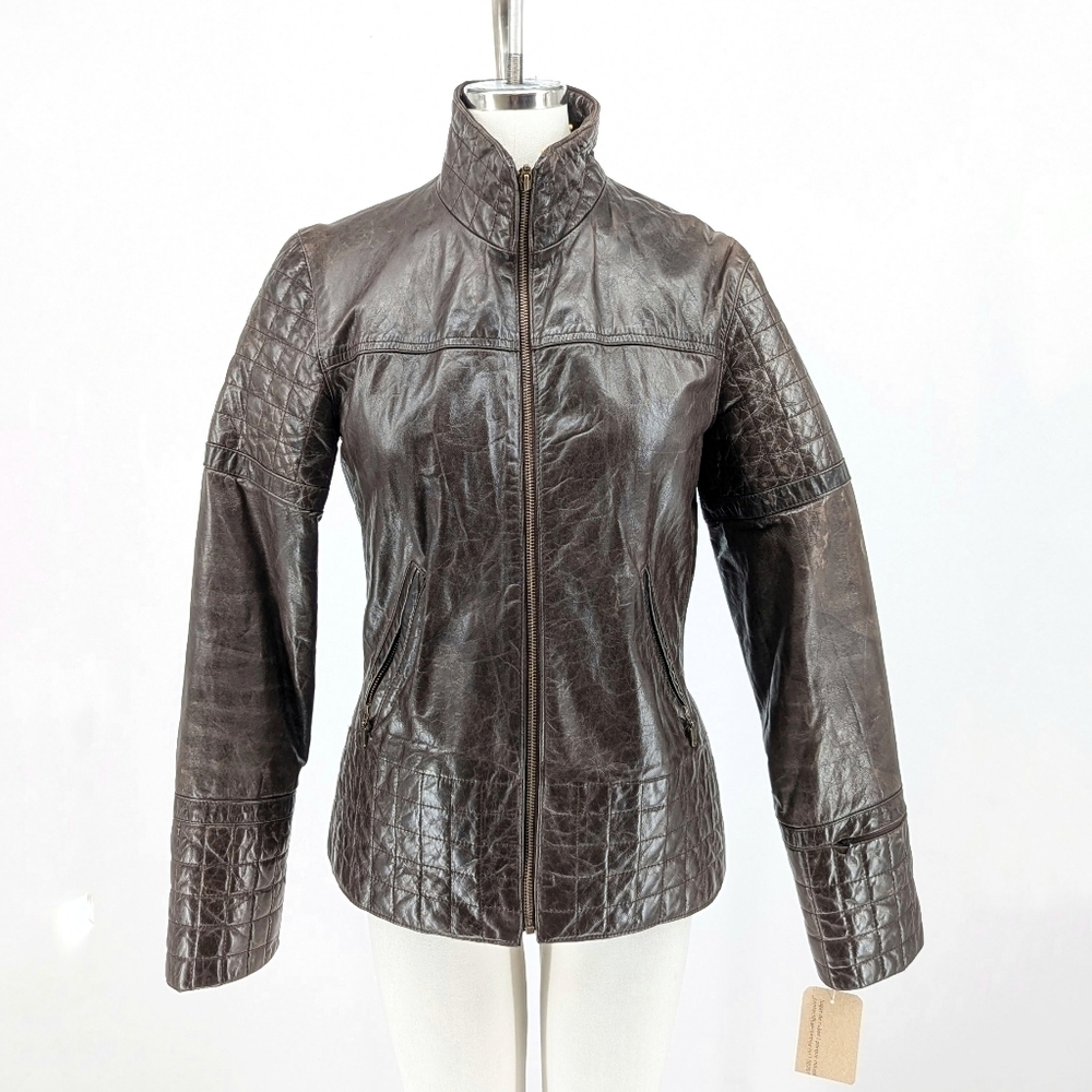 Club Monaco Zip Quilted Leather Jacket Brown S moto streetwear aviation fall